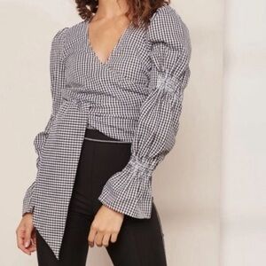 Black & White Gingham Wrap Top w/ Smocked Bell Sleeves  by C/MEO Collective M